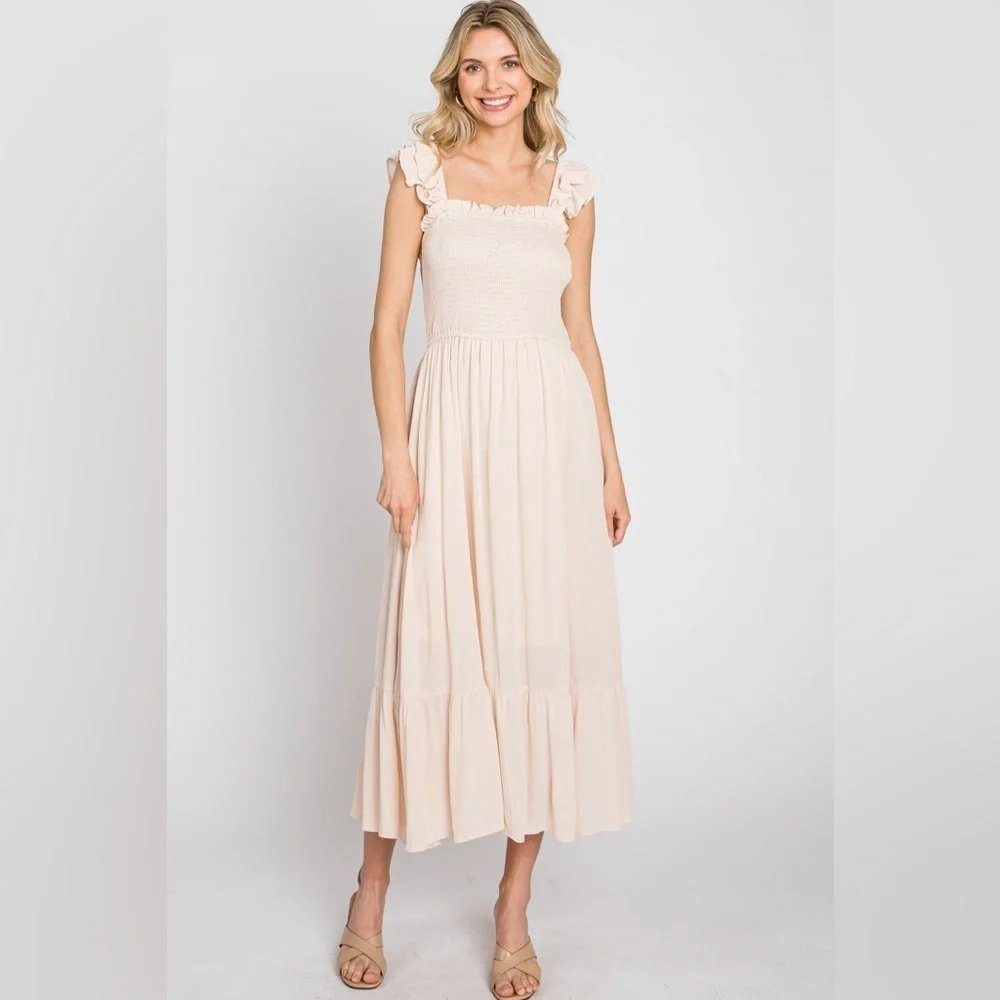 NWT Jodifl Women’s Cream Boho Cottage Core Maxi Ruffle Smocked Dress Sz 2X